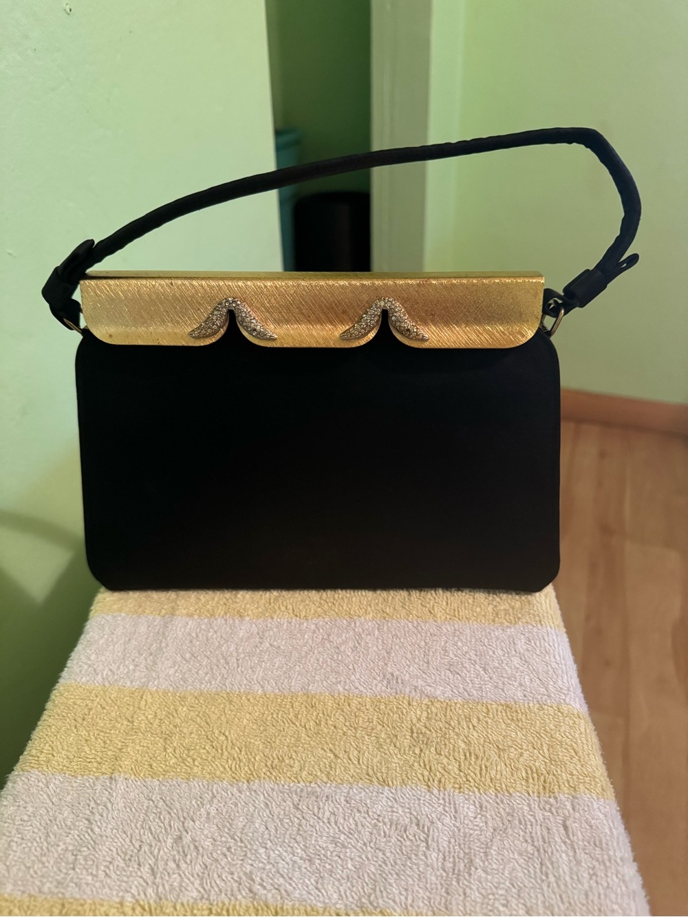 Vintage After Five Black Handbag with Gold Frame and Rhinestones
